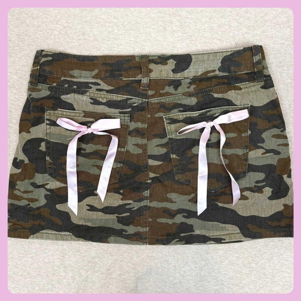 Girly Grunge Y2K Streetwear Camo Denim Mini Skirt Women Pink‎ Bow